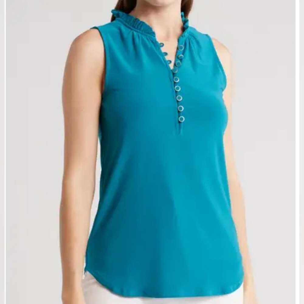 Women's Ruffle Half Placket Sleeveless Top Size M ELIE ELIE TAHARI Turquoise NEW